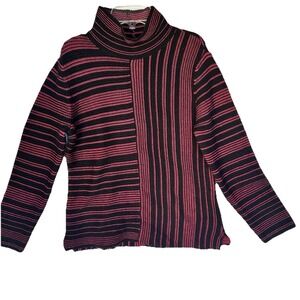 Habitat Clothes Sweater Women Medium Black Pink Raspberry Striped Knit Higg Neck